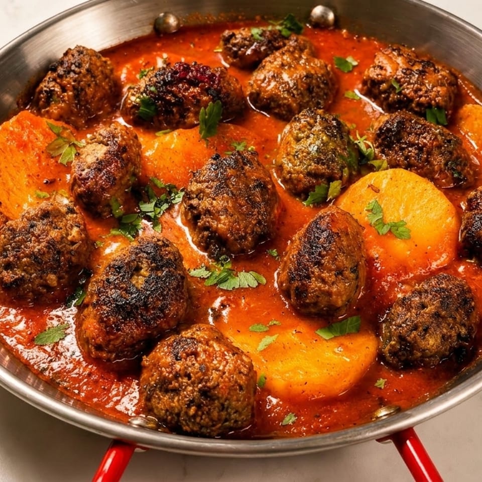 A metal pan filled with meatballs and potato slices in a rich red sauce, garnished with parsley.