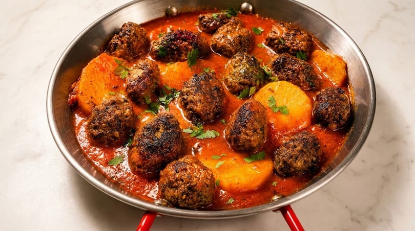 Meatballs and potato slices in a rich red sauce, garnished with parsley, in a metal pan.