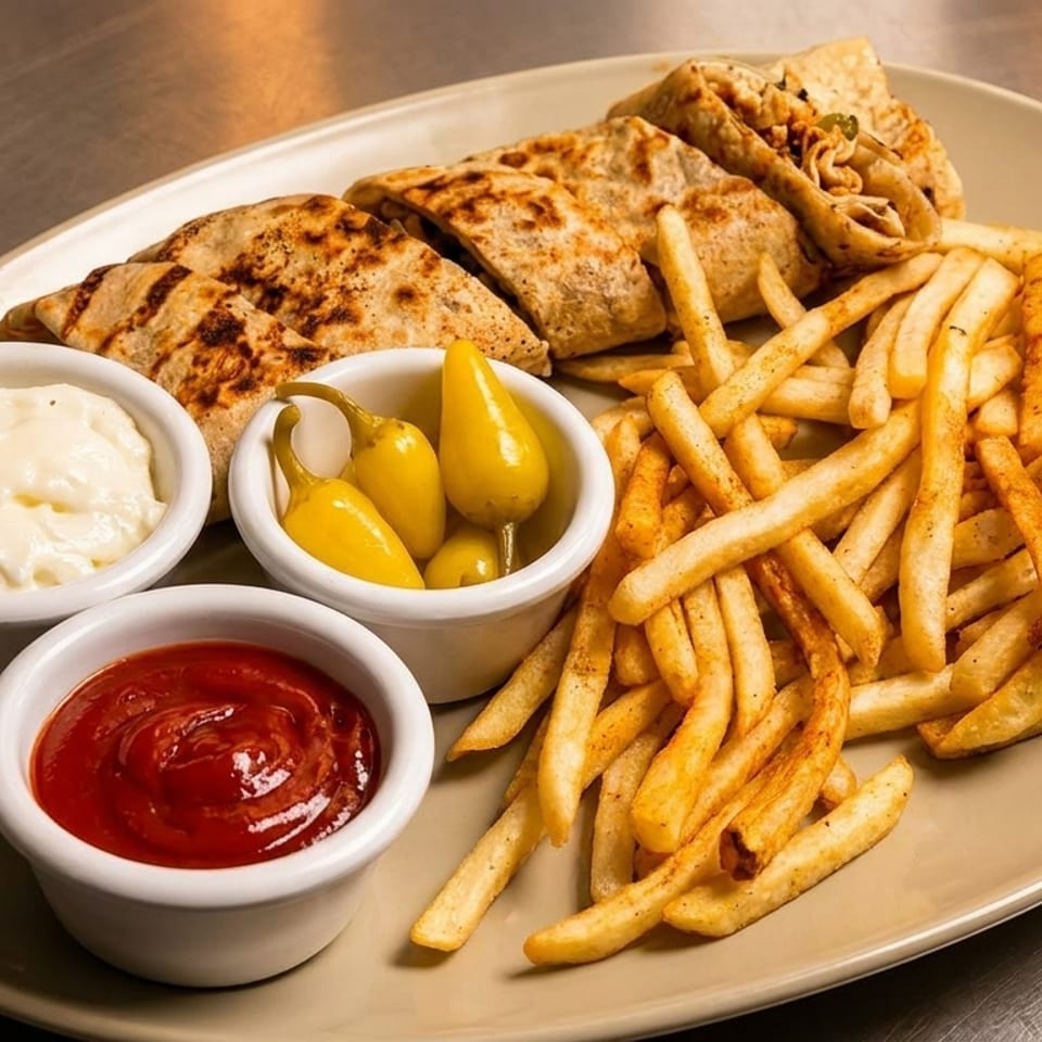 A plate of golden french fries, grilled flatbread wraps, ketchup, mayonnaise, and pickled yellow peppers.