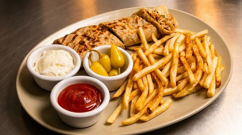 A plate of grilled flatbread wraps, golden french fries, ketchup, mayonnaise, and pickled yellow peppers.