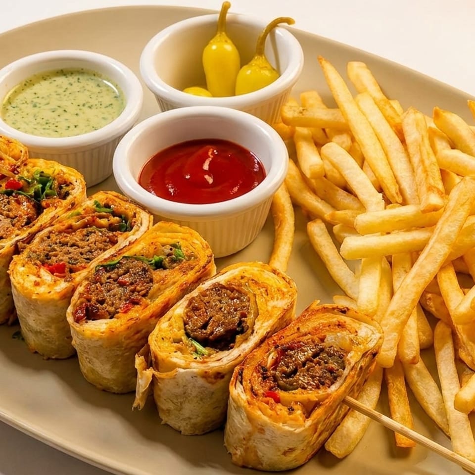 A plate of beef wraps, french fries, ketchup, green sauce, and pickled peppers.