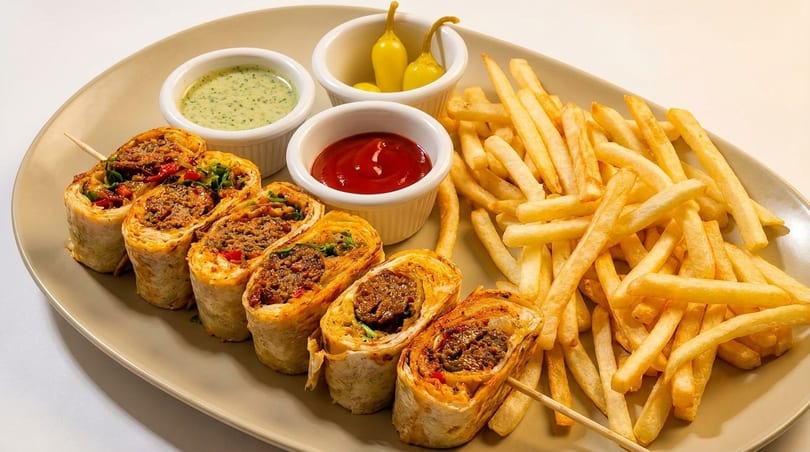 A plate of beef wraps, french fries, ketchup, green sauce, and pickled peppers.