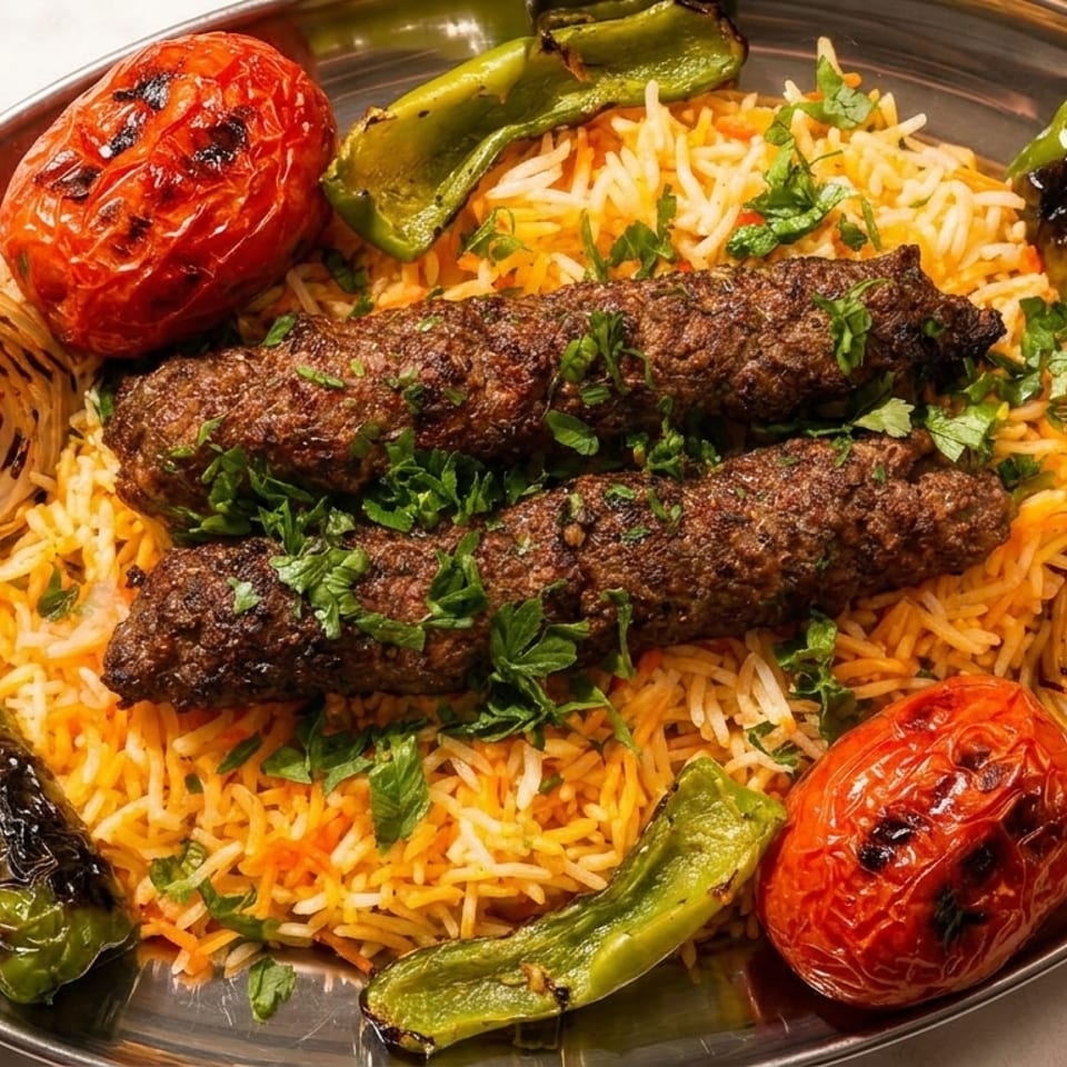 Two kofta kebabs on a bed of rice, with grilled tomatoes, onions, and green peppers.