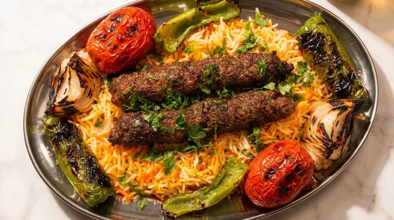 Two kofta kebabs on a bed of rice, with grilled tomatoes, onions, and green peppers.