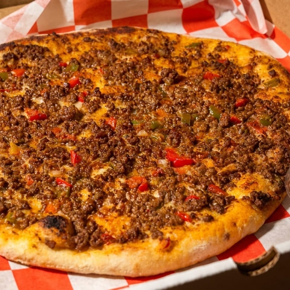 A round pizza topped with ground meat, red and green peppers, and onions, in a delivery box.