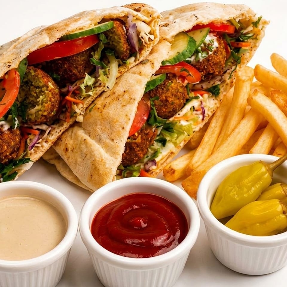 Two falafel pita sandwiches with fries, sauces, and pickled peppers on a white background.