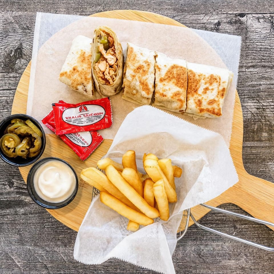 Grilled chicken wraps, golden fries, dipping sauce, and pickled jalapeños arranged on a wooden serving board.