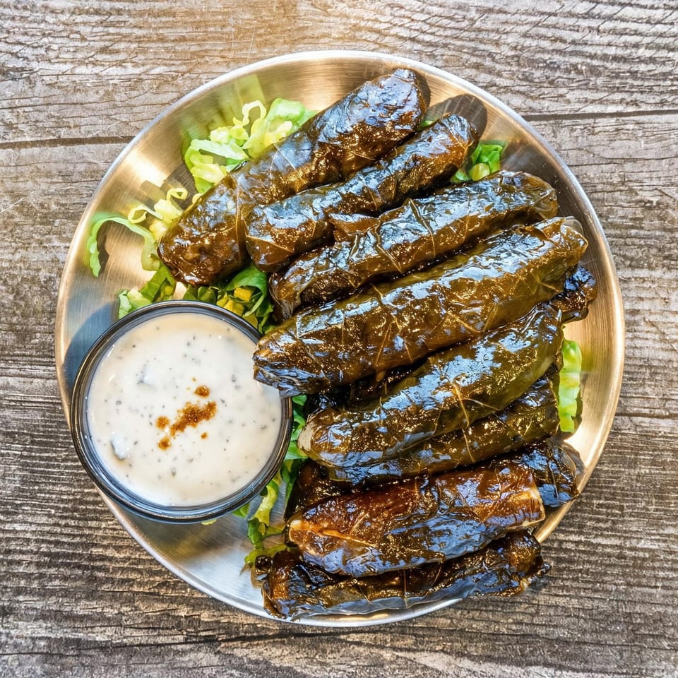 Plate of stuffed grape leaves with lettuce and creamy dipping sauce on a rustic wooden table.
