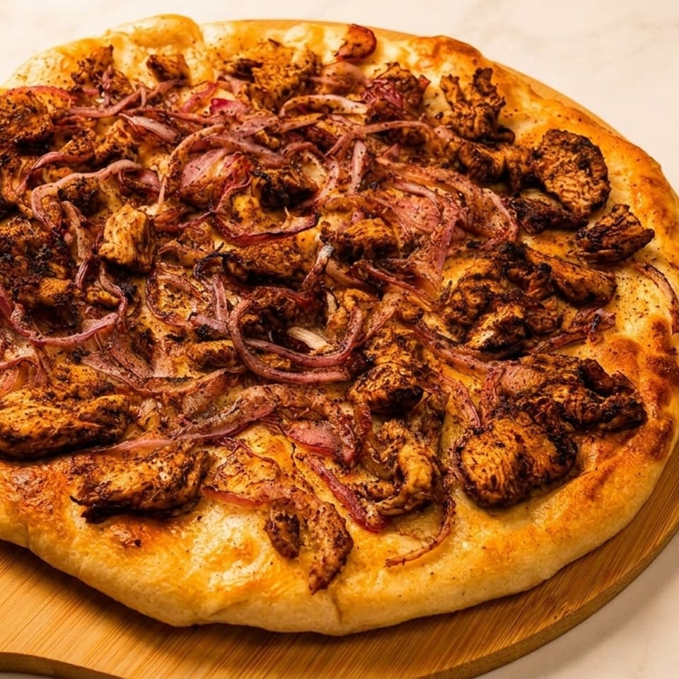 A chicken and red onion pizza on a wooden peel, against a marble background.