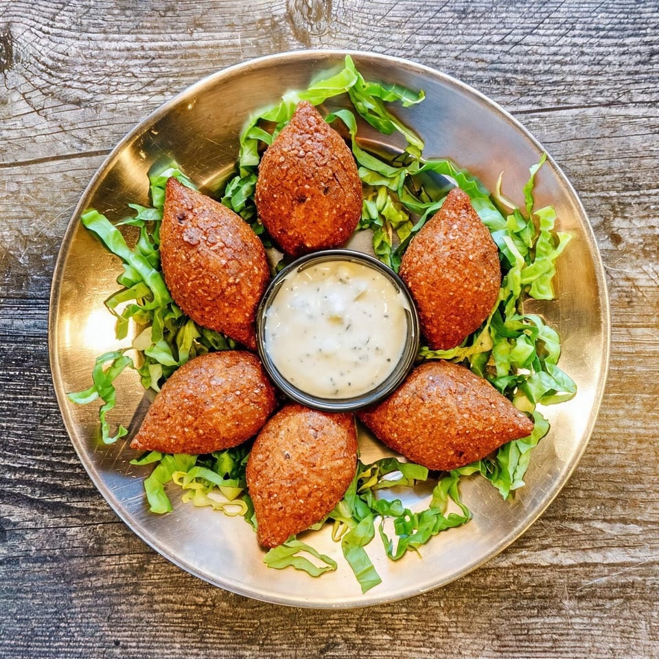 Six golden-brown stuffed pastries arranged around creamy dipping sauce on shredded lettuce atop a rustic wooden table.